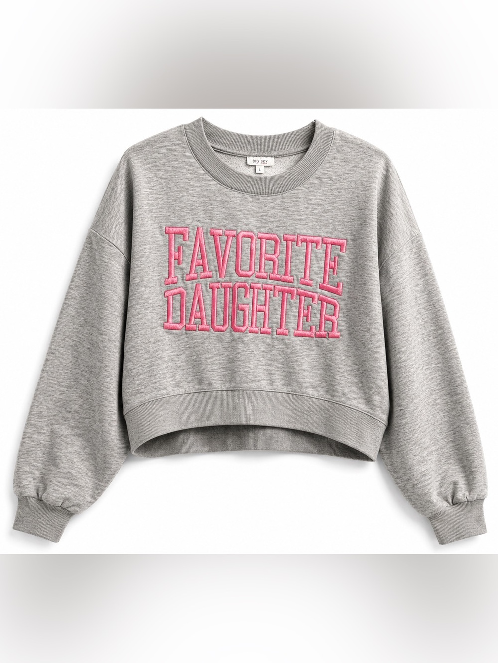 Glofashion Favorite Daughter Gray Cropped Crewneck Sweatshirt - Pink Embroidery